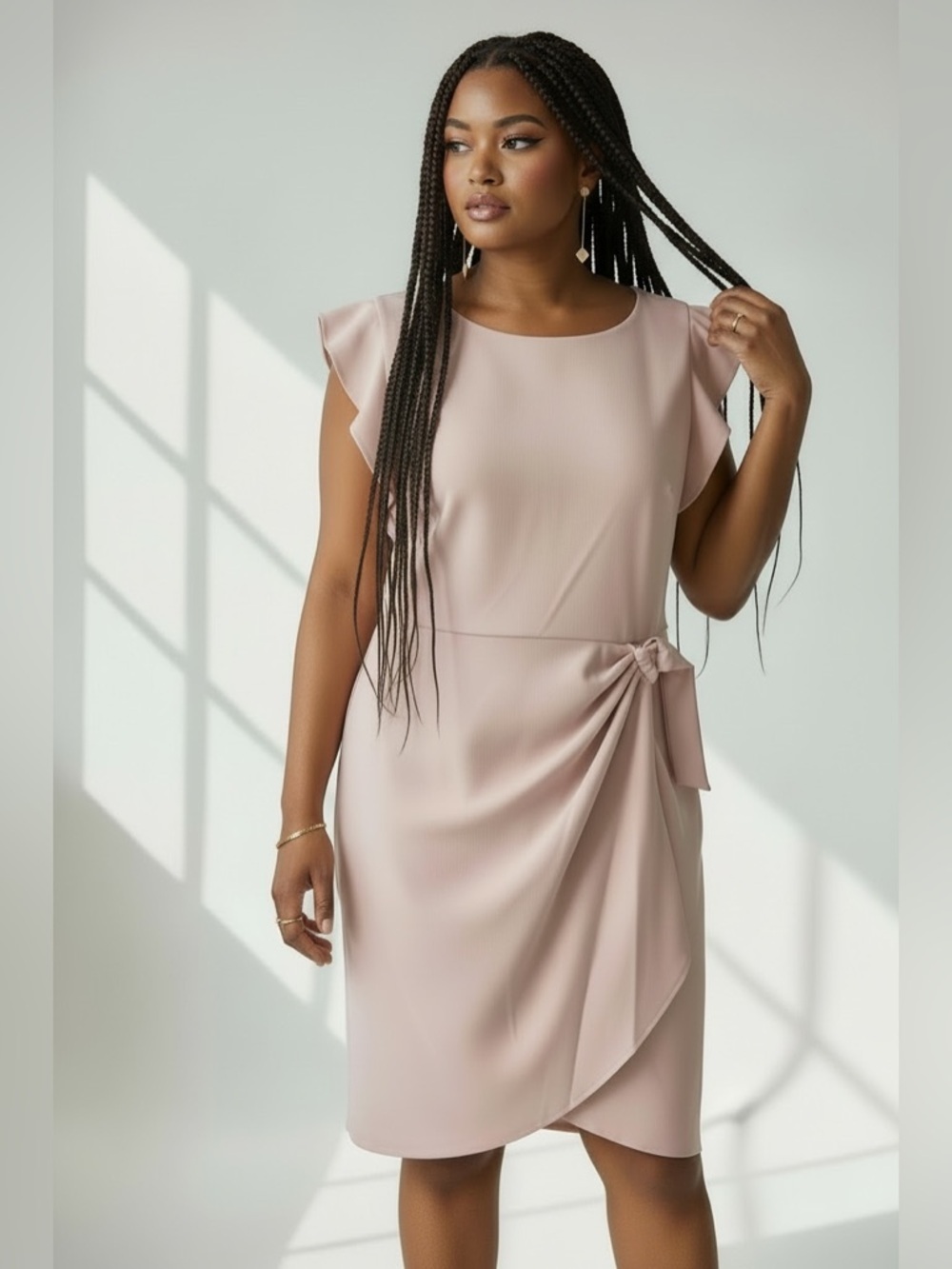 DKNY Pink Flutter Sleeve Faux Wrap Dress with Gold Tie Ring Women’s Size 12 NWT